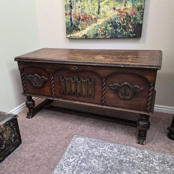 Vintage E.R. Co. Forest Park Line Cedar Chest - Rest Park, IL - Carved Wood Storage Trunk