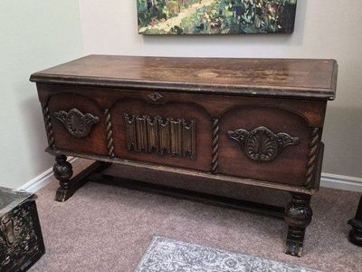 Vintage E.R. Co. Forest Park Line Cedar Chest - Rest Park, IL - Carved Wood Storage Trunk