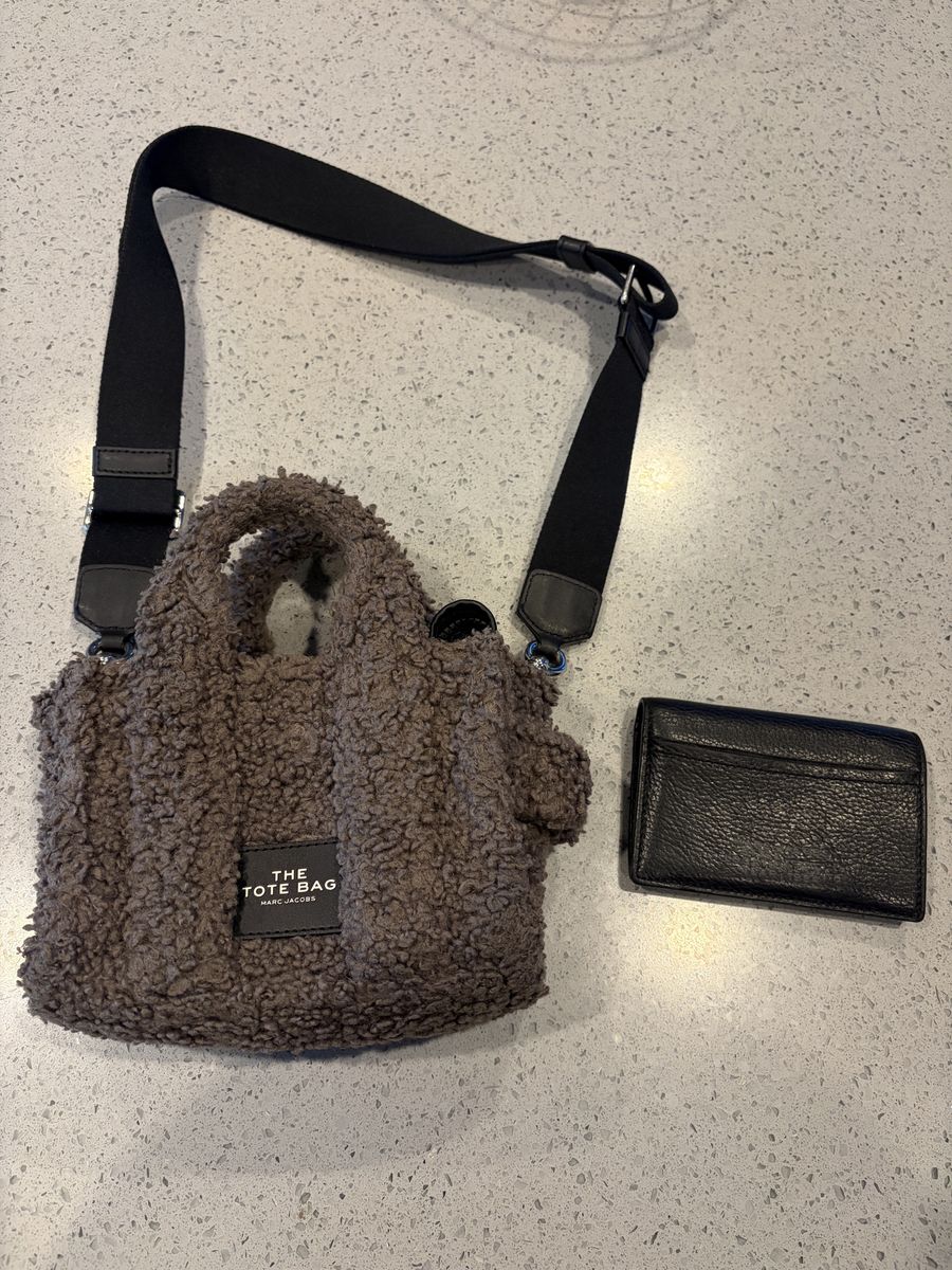 Marc Jacobs The Teddy Micro Tote Bag in Grey Sherpa with Matching Leather Wallet