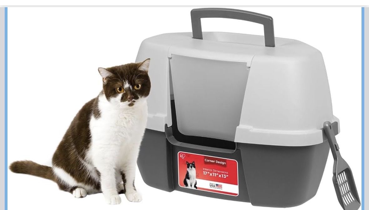 Corner Hooded Cat Litter Box with Scoop, Gray/Light Gray