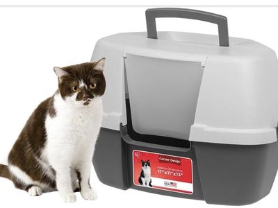 Corner Hooded Cat Litter Box with Scoop, Gray/Light Gray