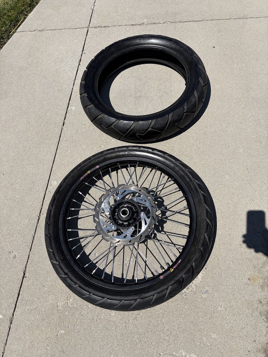 Continental ContiAttack SM Motorcycle Tires and front rim