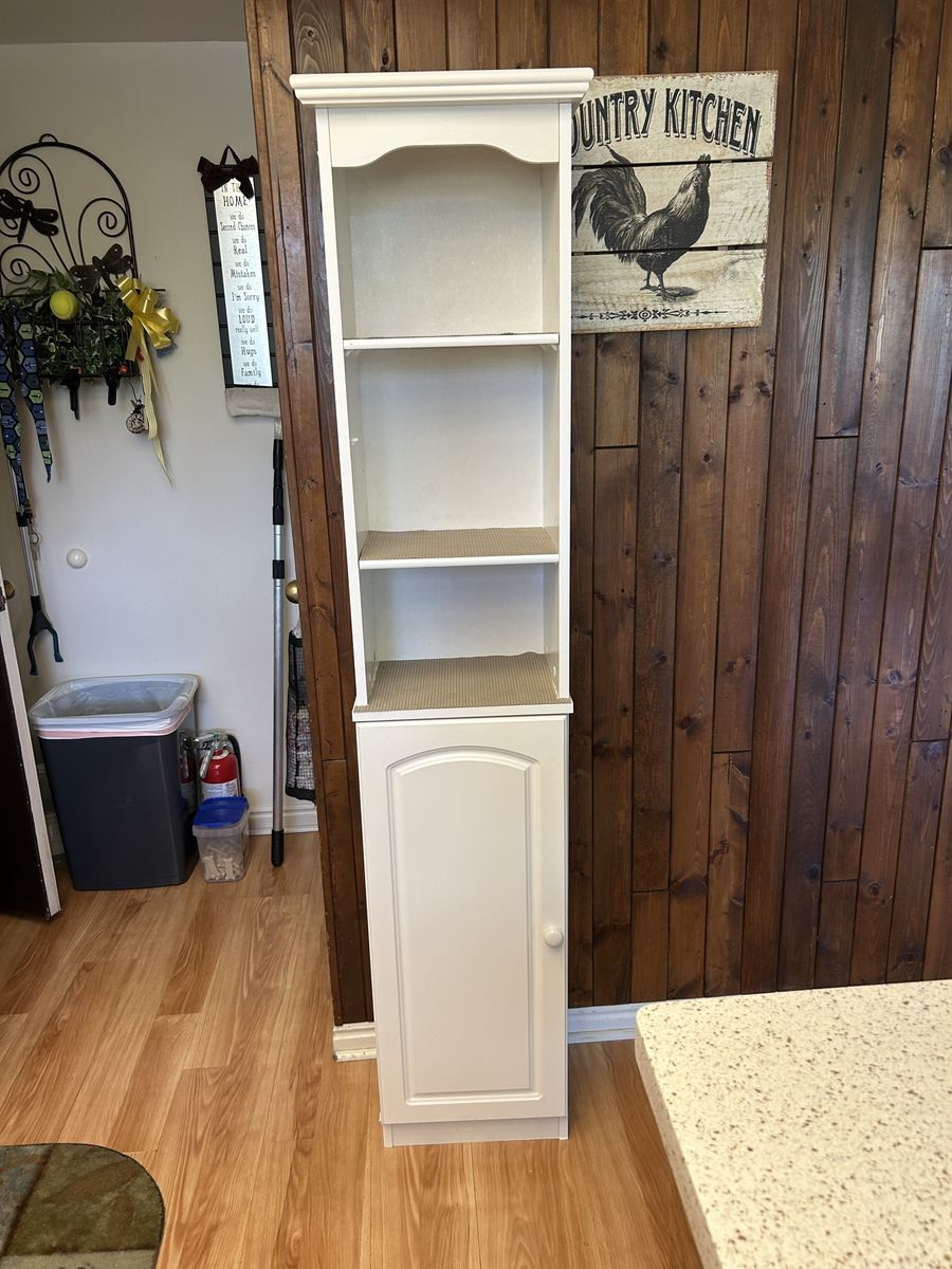 White Wood Storage Cabinet with Shelves and Door - Great for narrow space 14” W x 9 D x 69” H