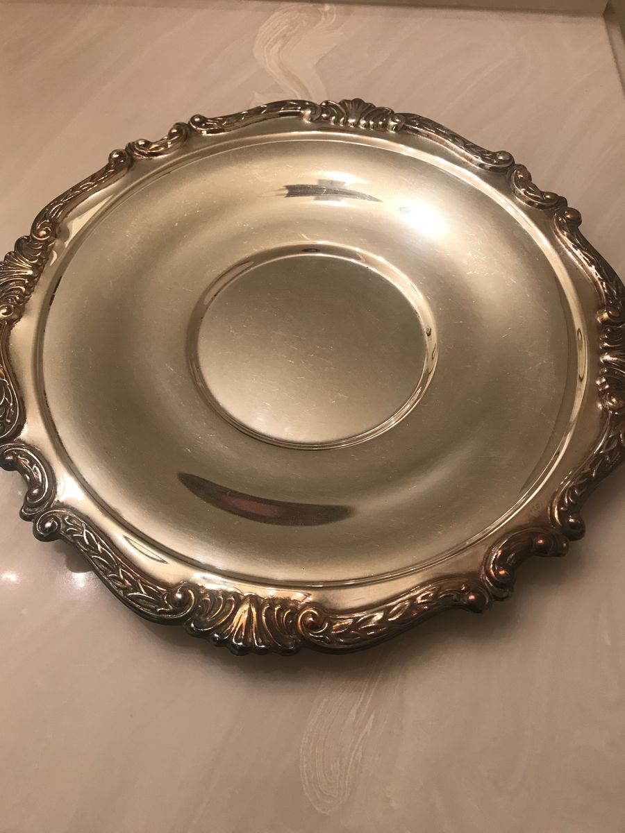 12.5" Silver Plated Round Serving Tray Pattern scalloped edge Heavy vintage antique platter vanity