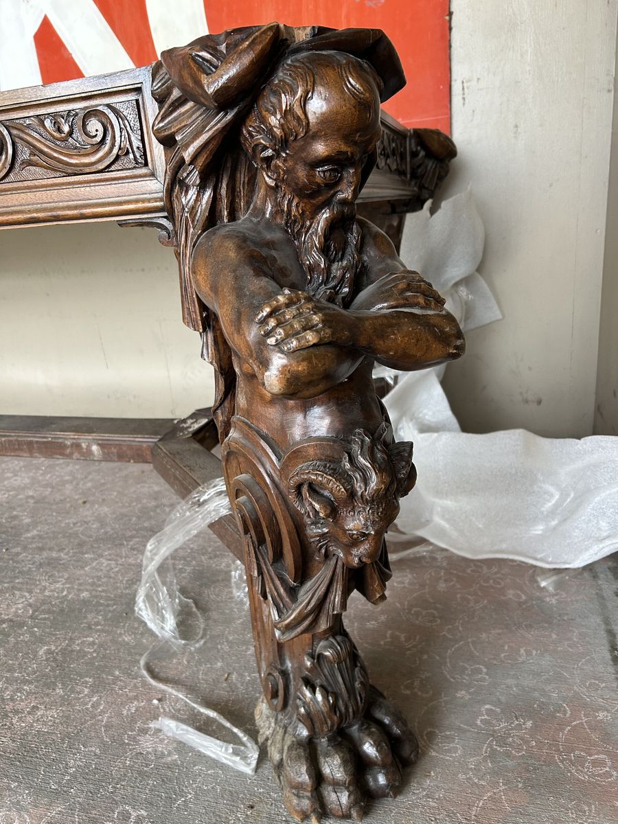 ANTIQUE WOOD LARGE HEAVY TABLE BASE MYTHICAL MEN BASE