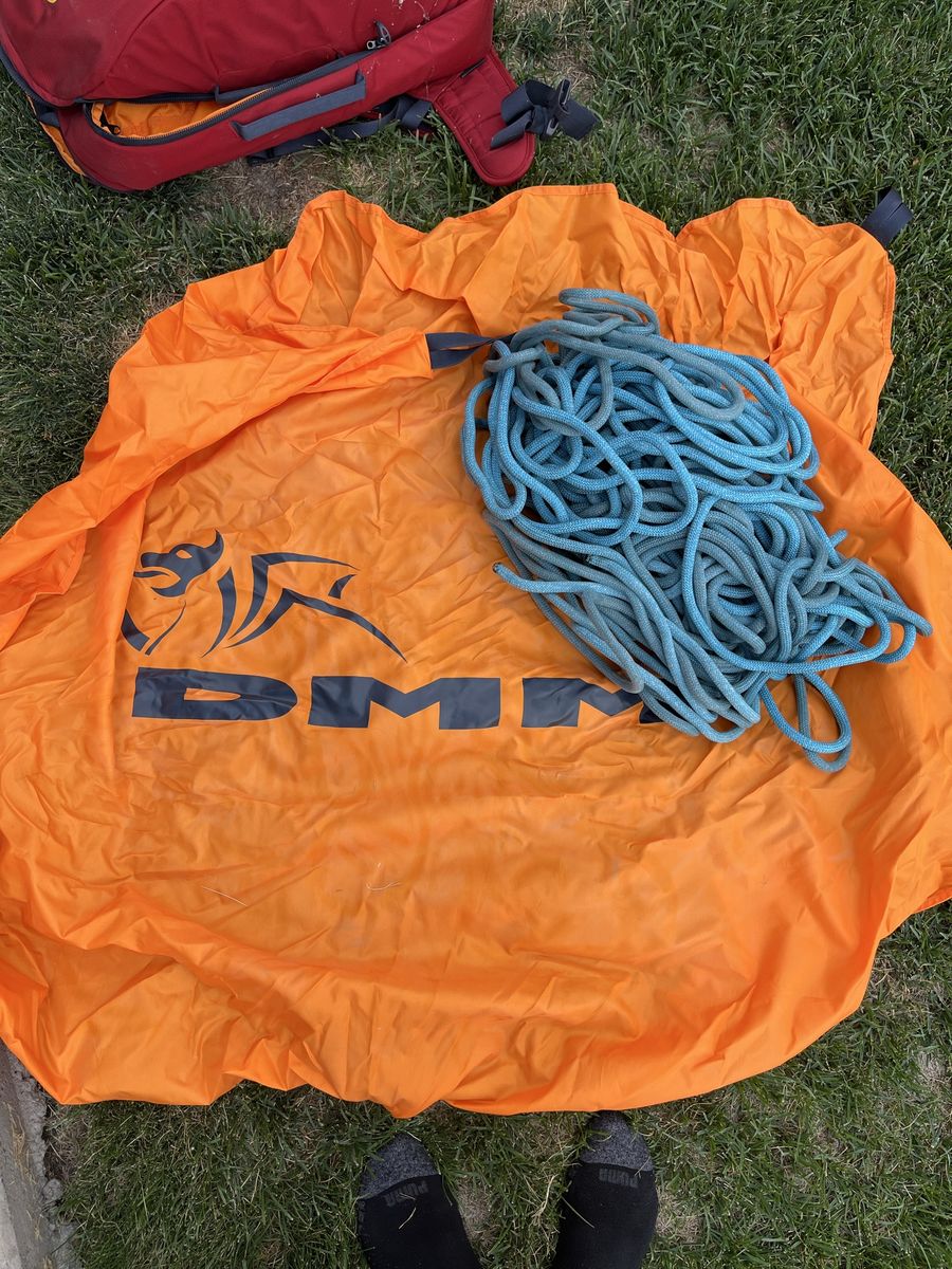DMM Rope Bag Orange with Blue Climbing Rope, Used Condition