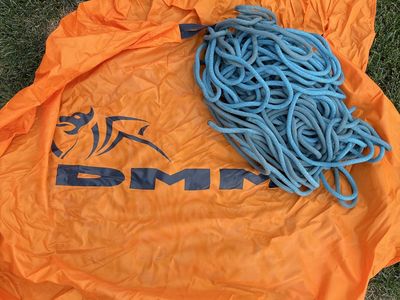 DMM Rope Bag Orange with Blue Climbing Rope, Used Condition
