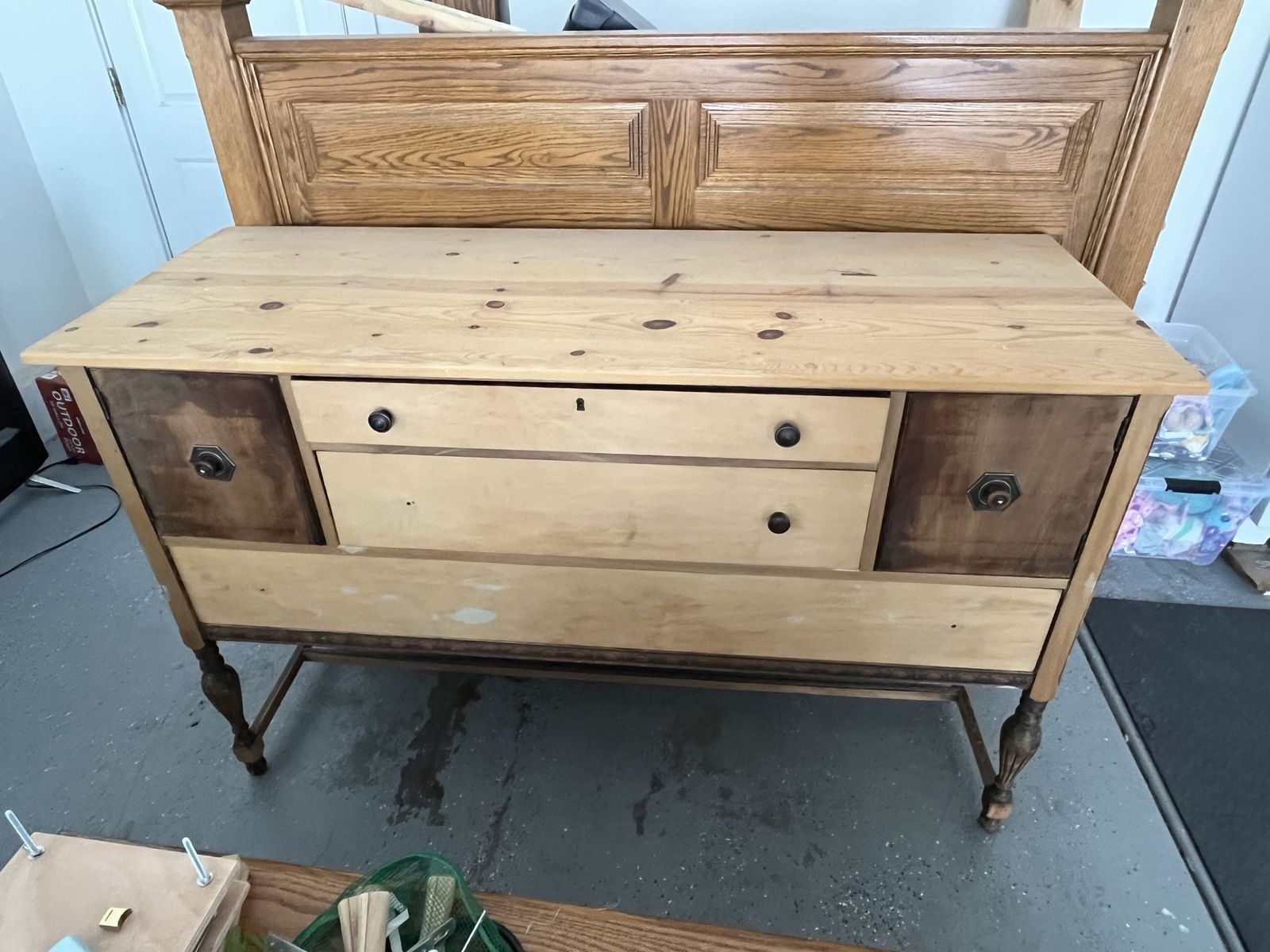Antique vintage Wooden Buffet with Two Drawers and Side Cabinets