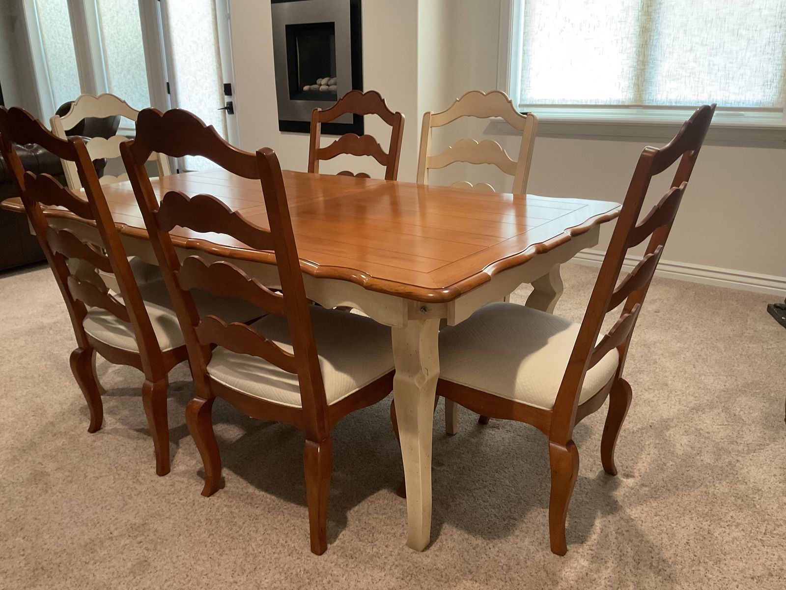 Traditional Wood Dining Table with 6 Chairs - solid wood, medium Finish & Cream Upholstery