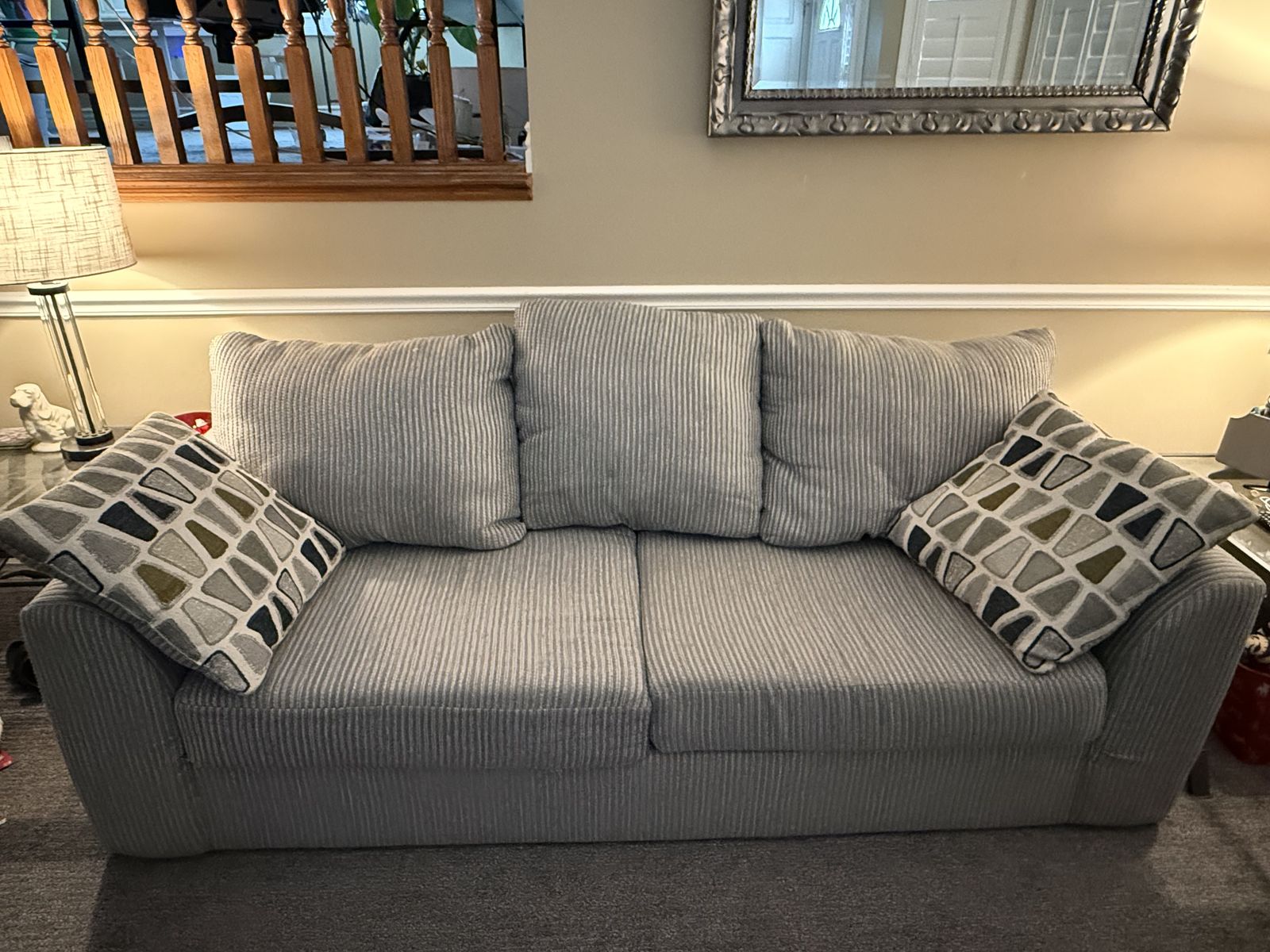 Cozy Gray Striped Sofa & Armchair Set with Geometric Accent Pillows - Living Room Furniture