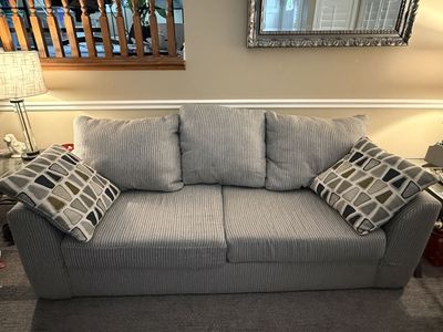 Cozy Gray Striped Sofa & Armchair Set with Geometric Accent Pillows - Living Room Furniture