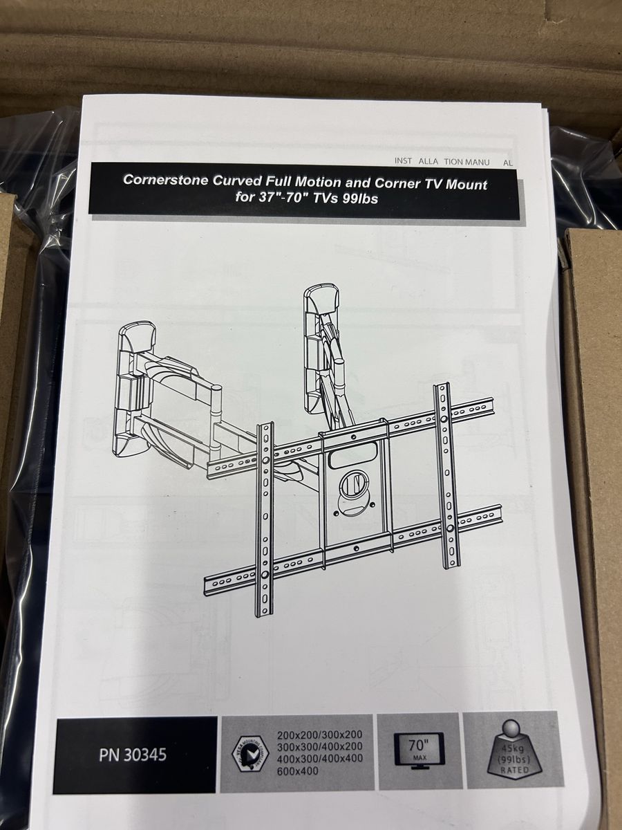 Cornerstone Full Motion Corner TV Wall Mount for 37"-70" TVs PN 30345 (99 lbs Capacity)