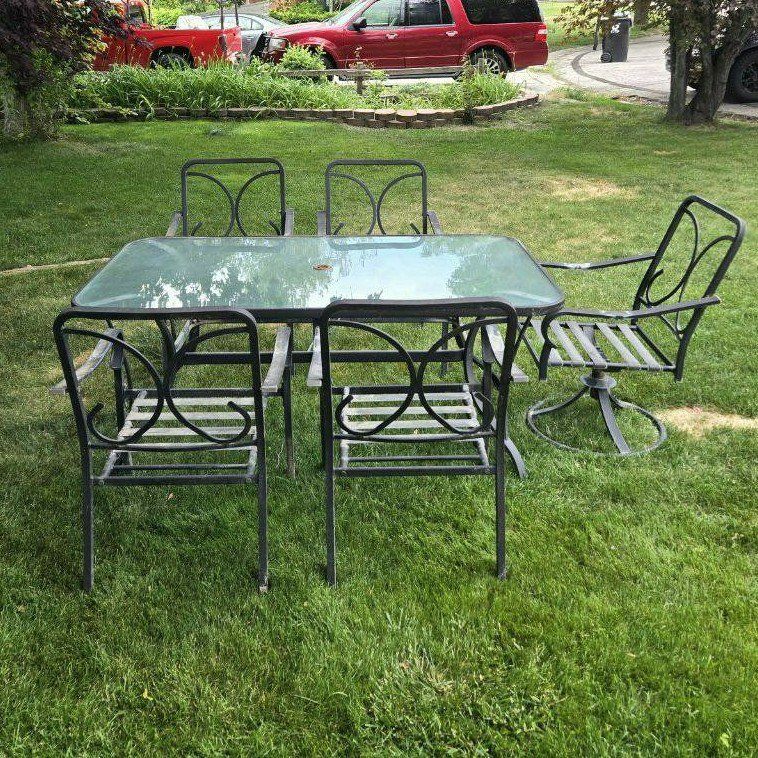 Outdoor Metal Glass Patio Table 5 Chairs Set
