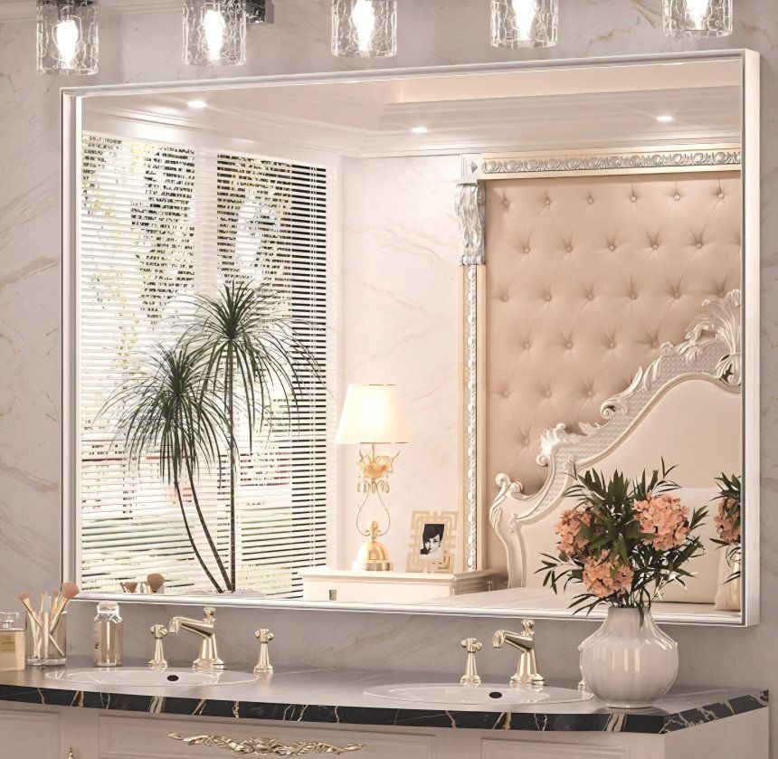 Keonjinn 48 x 36 Inch Silver Bathroom Mirror for Over Sink Large Rectangle Wall Mirror Brushed Metal Framed Square Corner Vanity