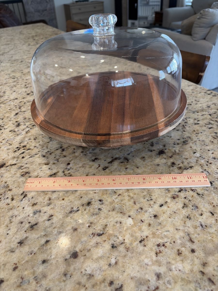 Wooden Cake Stand with Glass Dome Lid - 12 inch Round Serving Platter