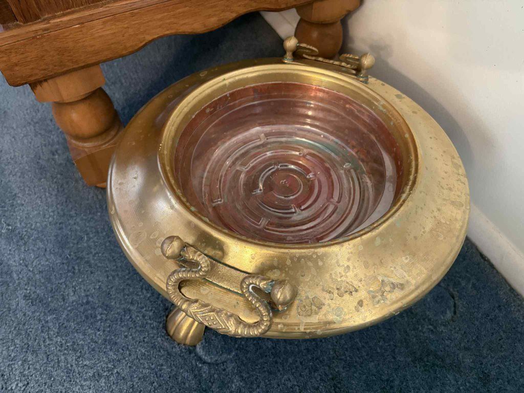 Vintage Brass & Copper Bowl with Ornate Handles and Feet