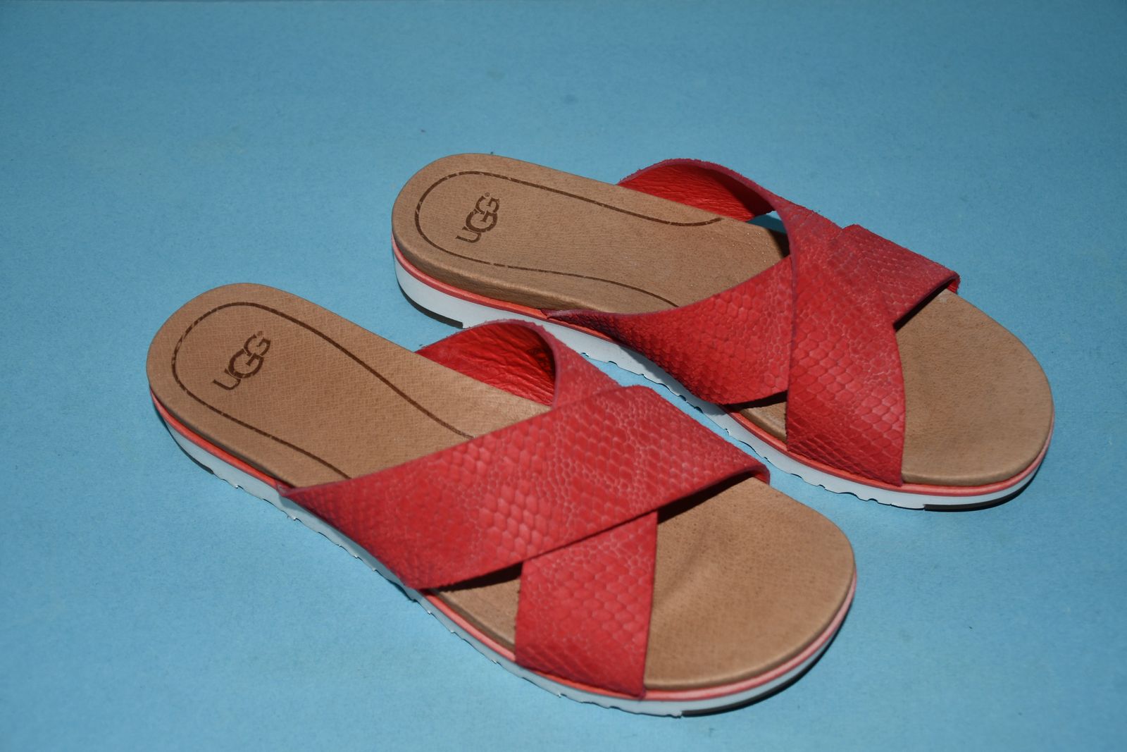 NWOB WOMEN'S UGG RED LEATHER SANDALS ~ SIZE 8 ~ CRISS CROSS ~ HEEL HEIGHT 1.25"