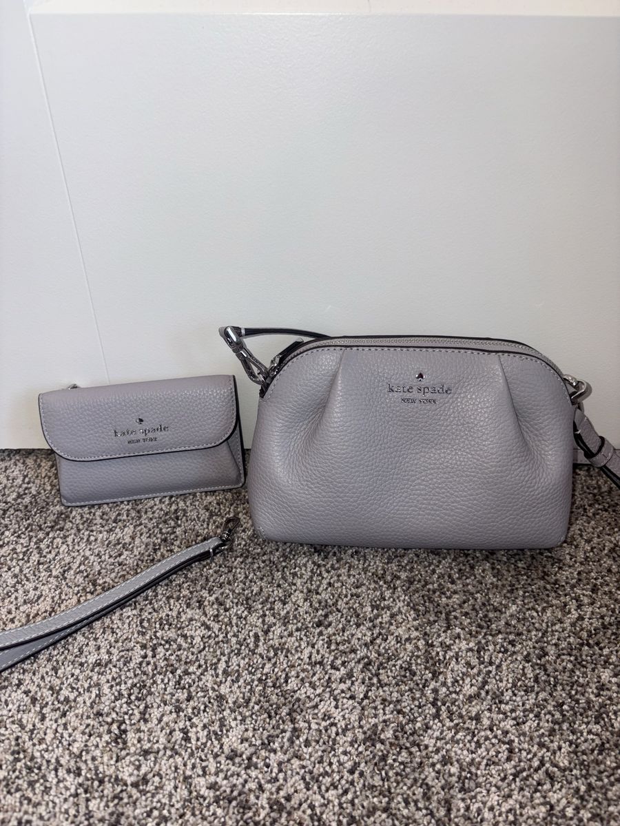 Kate Spade New York Grey/Purple Leather Crossbody Bag & Matching Wallet Set
