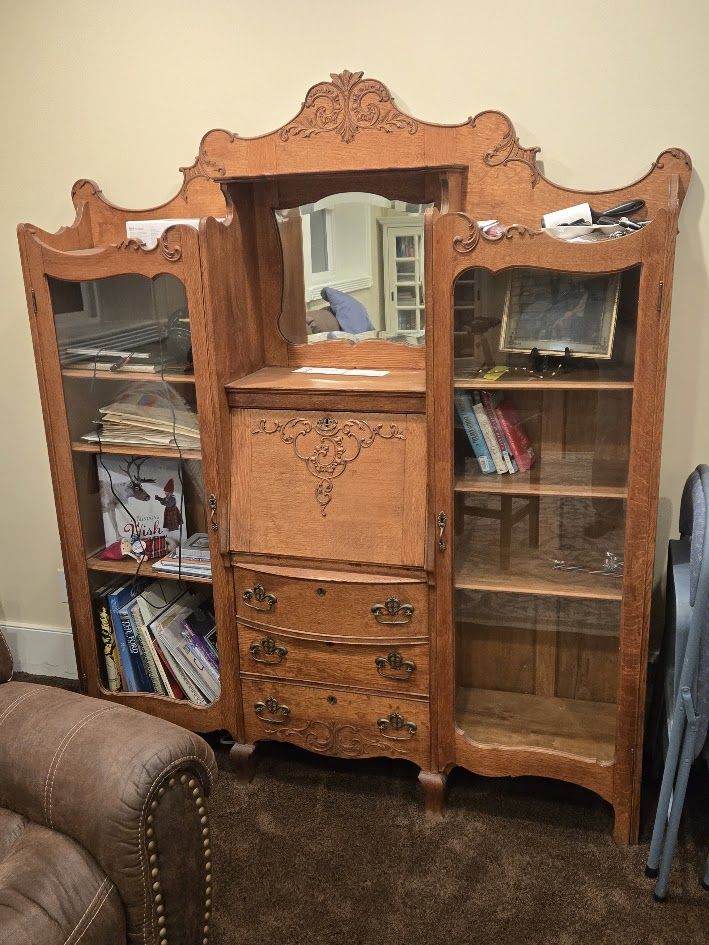 Antique Golden Oak Secretary Bookcase with Mirror and Double Glass Bookcases (circa 1905–1925)