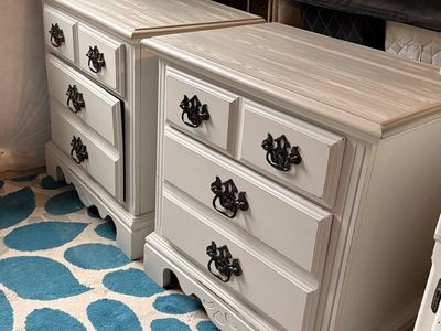 Pair of White 2-Drawer Nightstands with Weathered Wood Finish Tops & Ornate Pulls