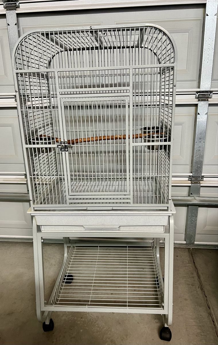Large Metal Rolling Bird Cage with Open Top, Perch, and Feeding Bowls