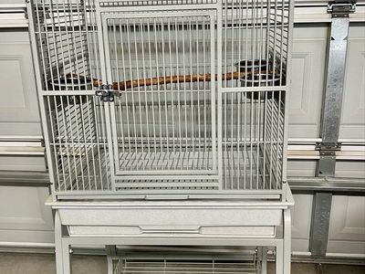 Large Metal Rolling Bird Cage with Open Top, Perch, and Feeding Bowls