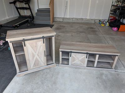 Farmhouse Sliding Barn Shoe Bench & Side Table Set - Rustic Grey Wash Finish, Storage Cabinets