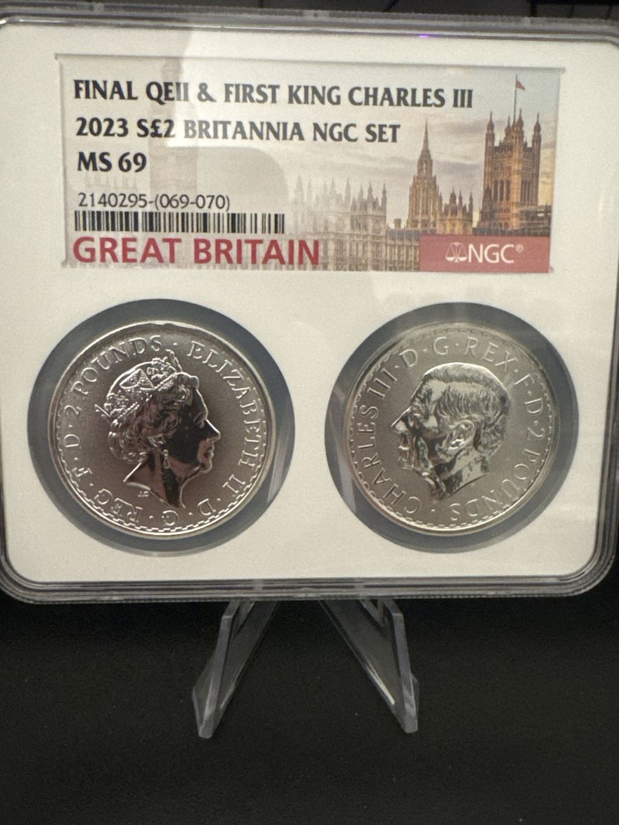 2023 Great Britain 2-Coin Britannia NGC Set MS 69 Final QEII & First King Charles III
