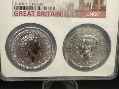 2023 Great Britain 2-Coin Britannia NGC Set MS 69 Final QEII & First King Charles III