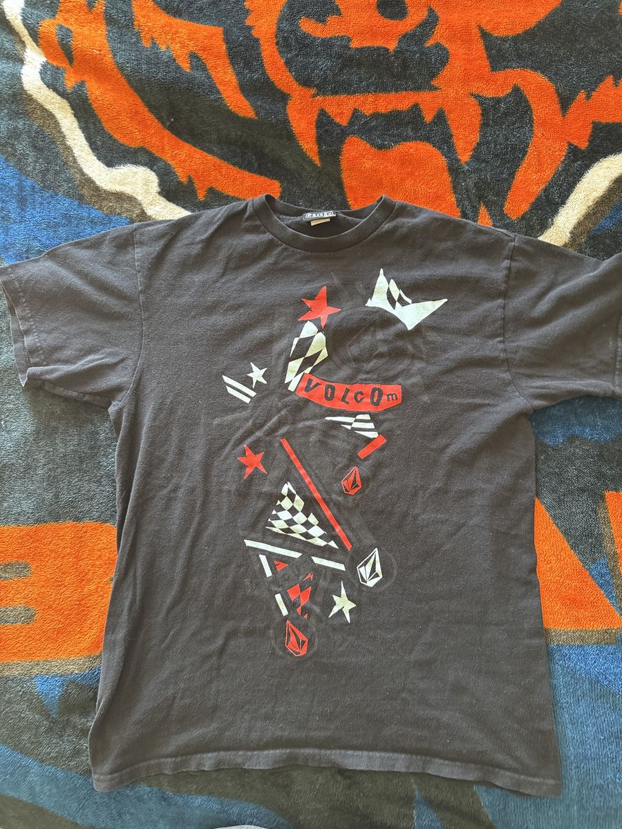 Volcom Men's Large Black Graphic Tee - Skater Stars & Checkered Print, Short Sleeve, Cotton