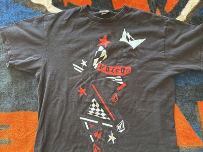 Volcom Men's Large Black Graphic Tee - Skater Stars & Checkered Print, Short Sleeve, Cotton