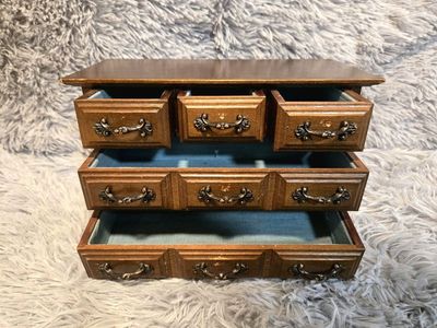 Vintage Wooden 5-Drawer Jewelry Chest Music Box w/ Blue Velvet Lining