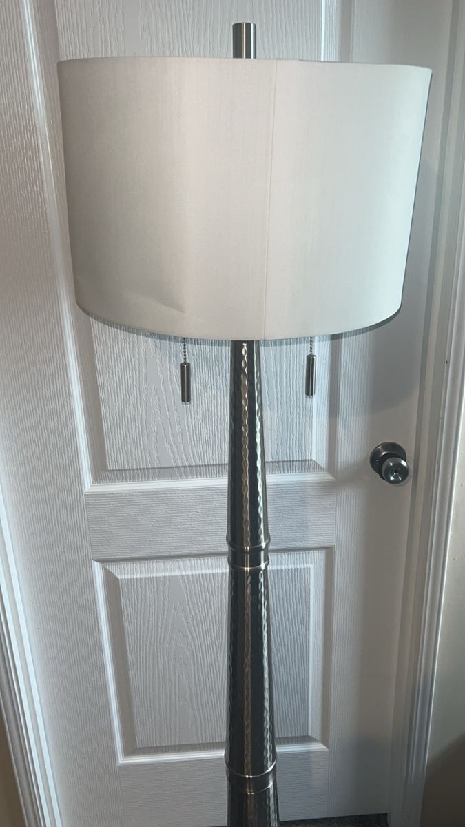 Hammered Finish Floor Lamp with White Fabric Shade - Dual Pull Chains