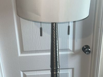 Hammered Finish Floor Lamp with White Fabric Shade - Dual Pull Chains