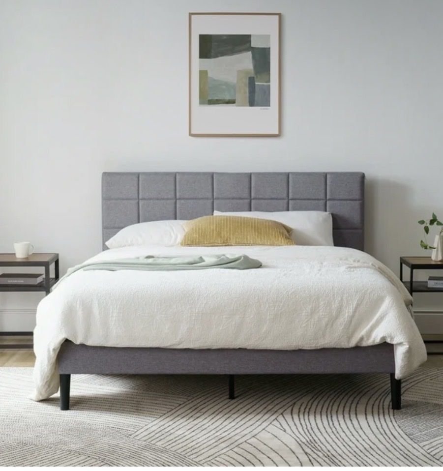 New Queen Size Platform Bed Frame with Upholstered Headboard - Grey, 700lb Capacity not in original box