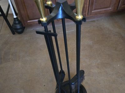 Fireplace cast iron tool set with solid brass handles
