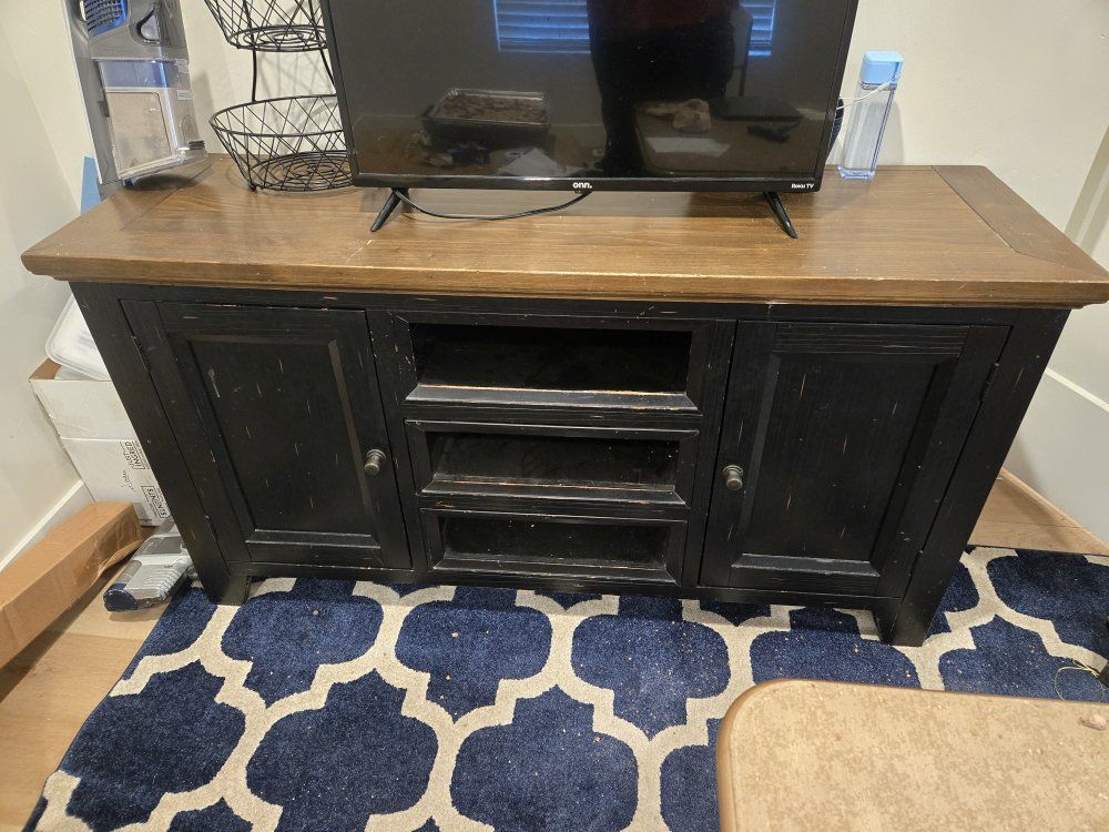 Distressed Black & Brown Wood TV Stand Media Console with Storage Shelves & Cabinets