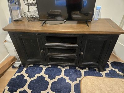 Distressed Black & Brown Wood TV Stand Media Console with Storage Shelves & Cabinets
