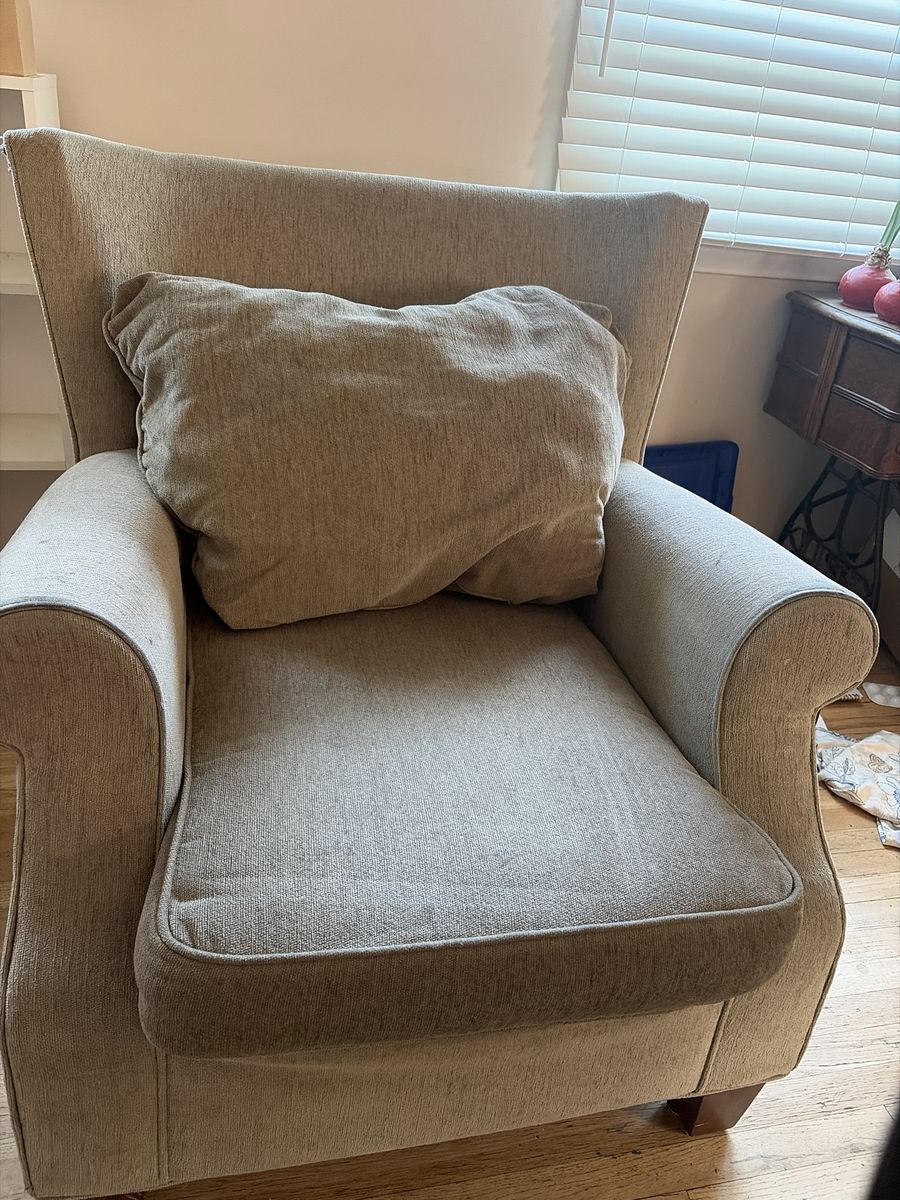 Beige Fabric Armchair with Accent Pillow - Fair Condition