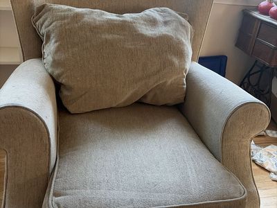 Beige Fabric Armchair with Accent Pillow - Fair Condition
