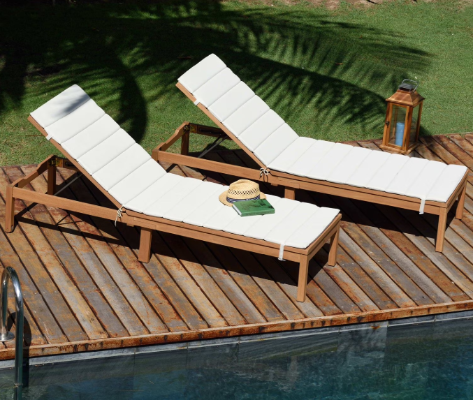 NIB, Brand New Amazonia Sandy Chaise Lounger Set Teak Finish Patio Deck Pool Porch