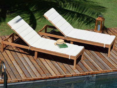 NIB, Brand New Amazonia Sandy Chaise Lounger Set Teak Finish Patio Deck Pool Porch