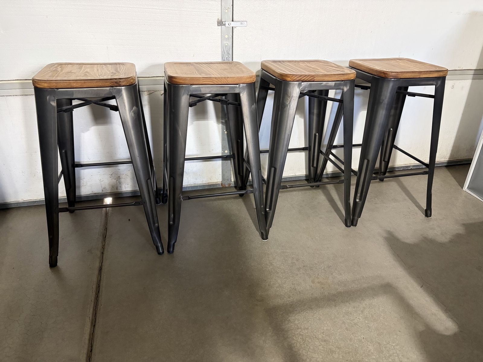 Set of 4 Industrial Metal Bar Stools with Wood Seats
