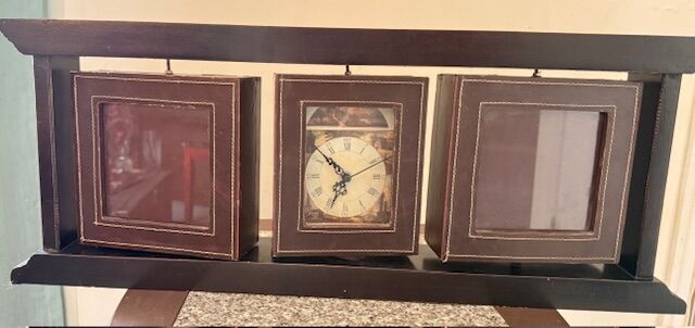 Leather and wood picture frame with clock