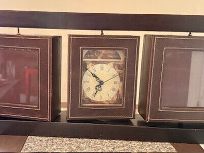 Leather and wood picture frame with clock