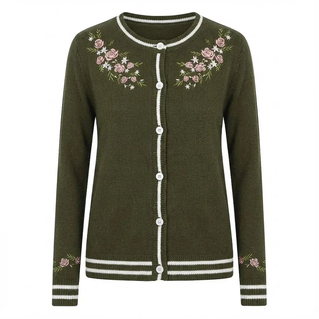 Women's green floral embroidered vintage knitted cardigan Small