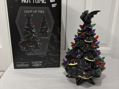New Hot Topic Ceramic Black Bat Halloween Light-Up Christmas Tree with Box