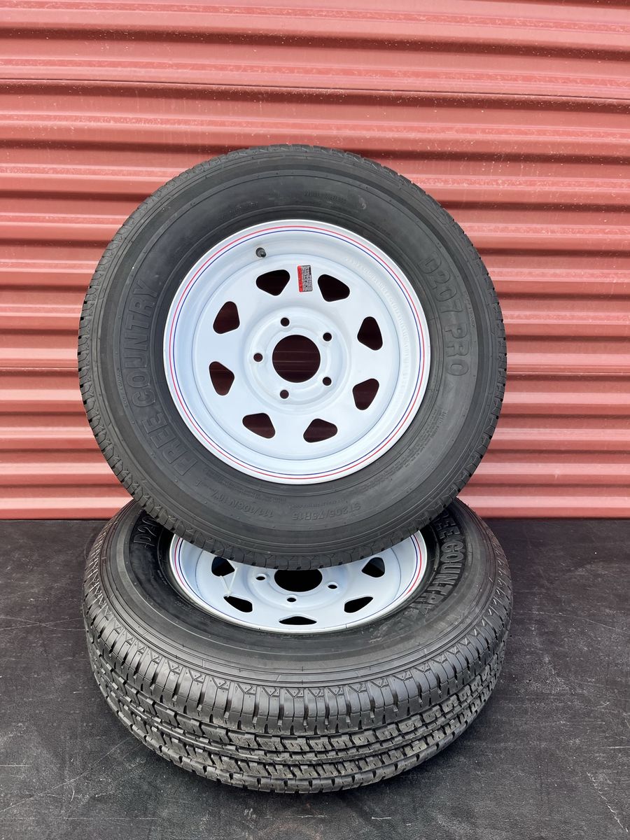Set of 2 Free Country ST 205/75 R 15 Trailer Tires Mounted on New White Wheels 10 Ply E Load  5 on 5 Pattern Brand New