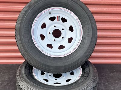 Set of 2 Free Country ST 205/75 R 15 Trailer Tires Mounted on New White Wheels 10 Ply E Load 5 on 5 Pattern Brand New
