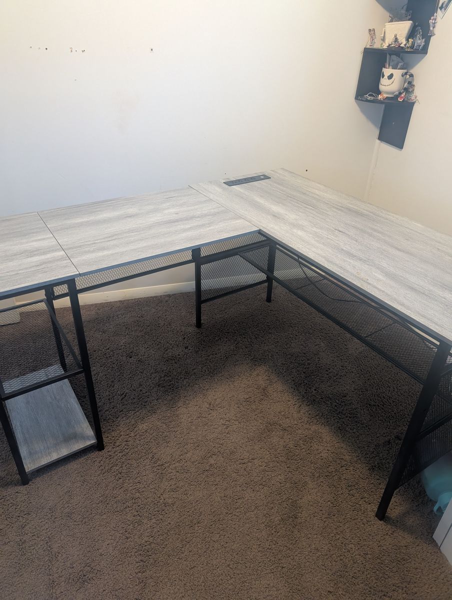L-Shaped Computer Desk with Shelves and Power Outlet - Grey Wood/Black Metal